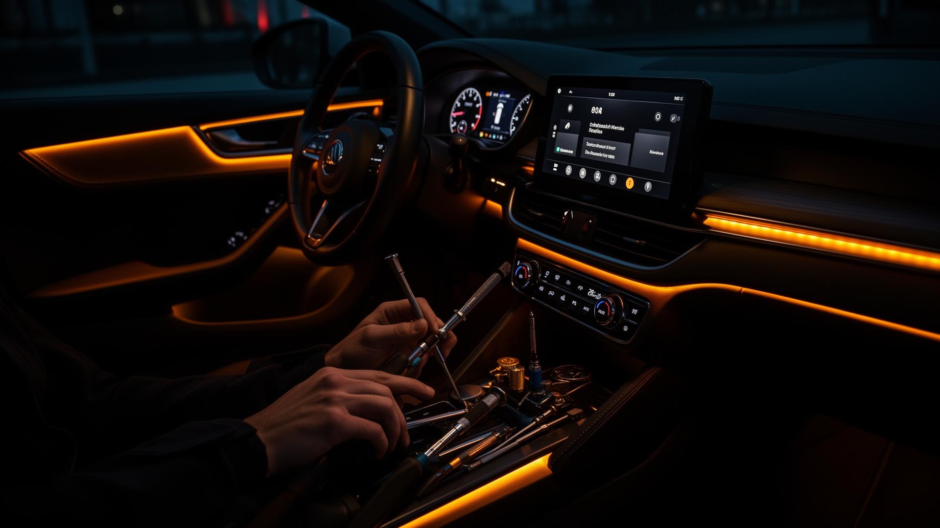Técnico instalando acessórios automotivos com iluminação ambiente